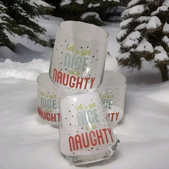 4 Pc Stemless Wine Glass Barware "Let's Get Nice And Naughty" Holiday Seasonal - Picture 6 of 15